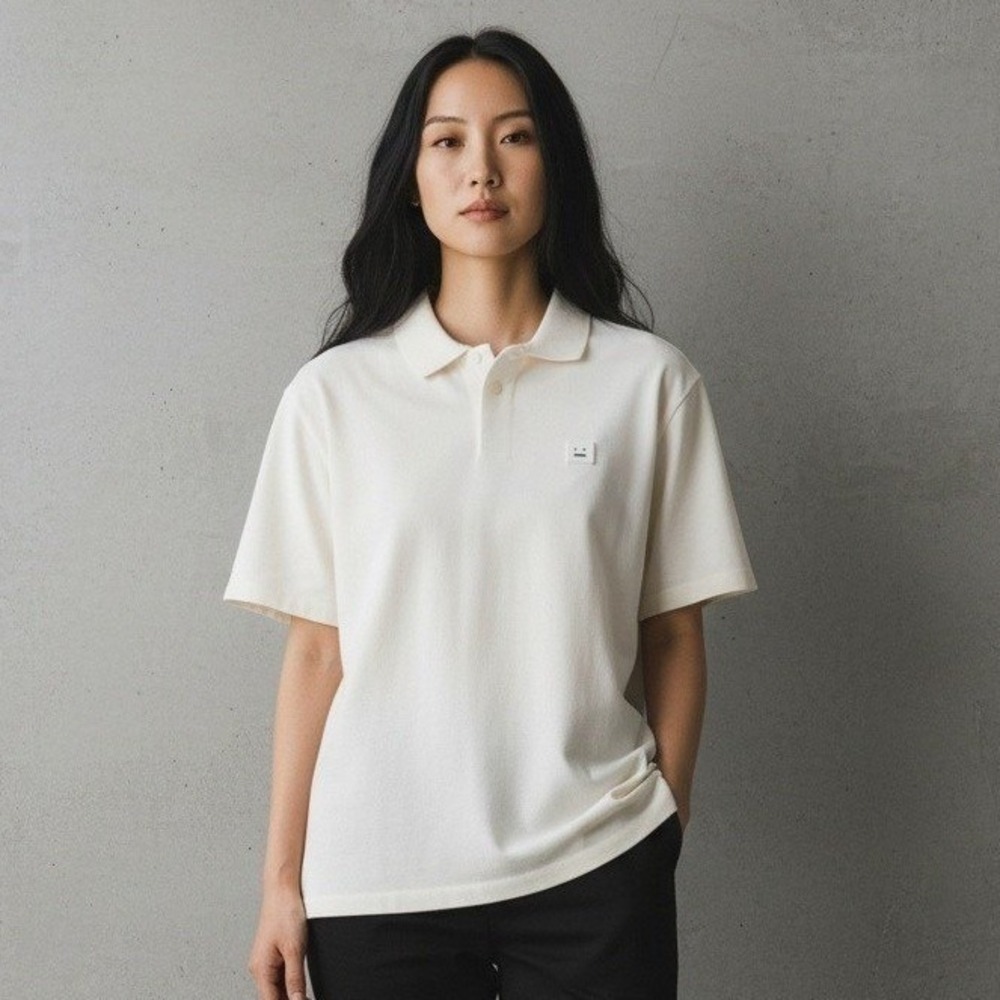 Acne Studios Falco Face Polo Shirt Cream Off-White Cotton Pique Large